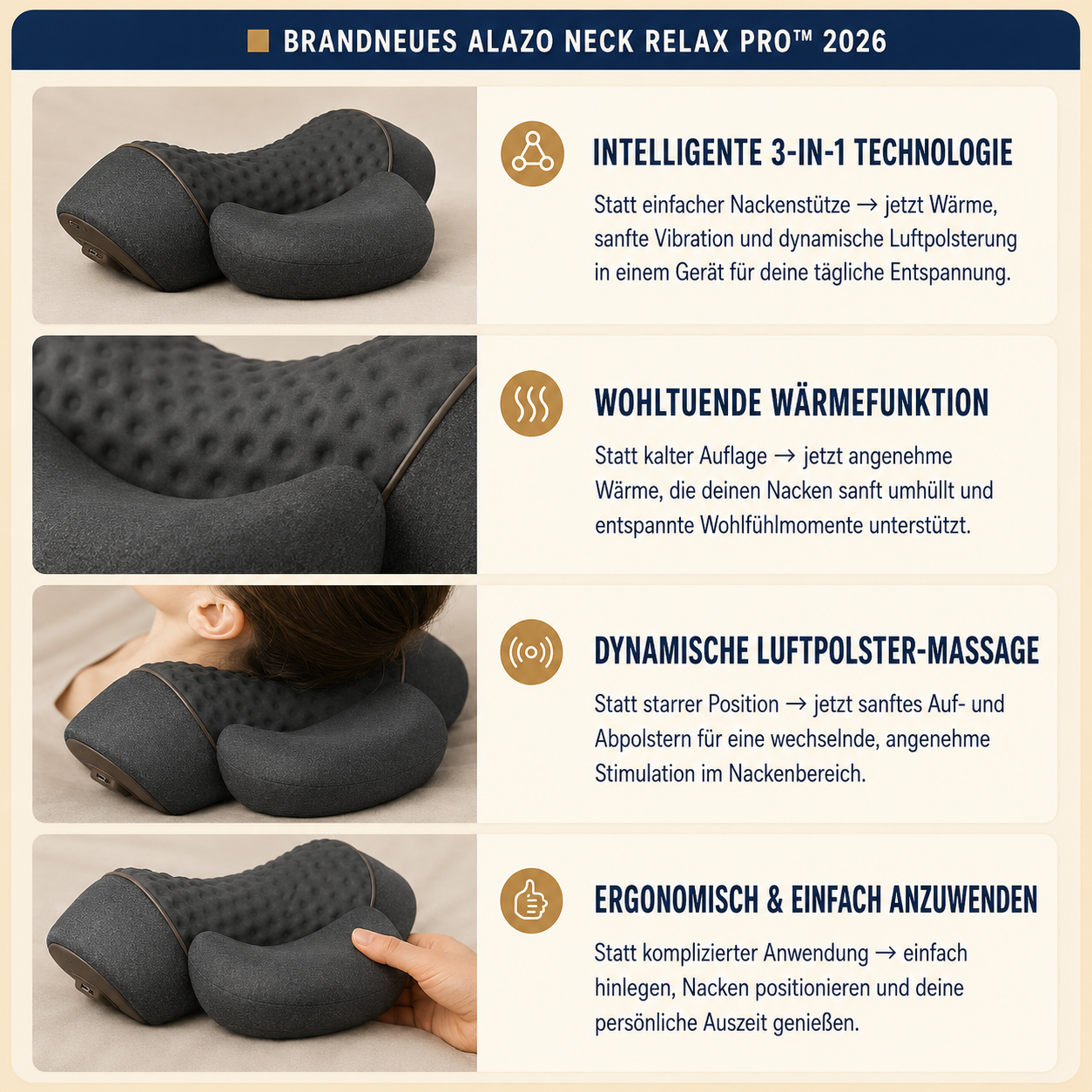 Alazo NeckRelax Pro™ - 3 in 1 Nackenmassage: Wärme & Ruhe